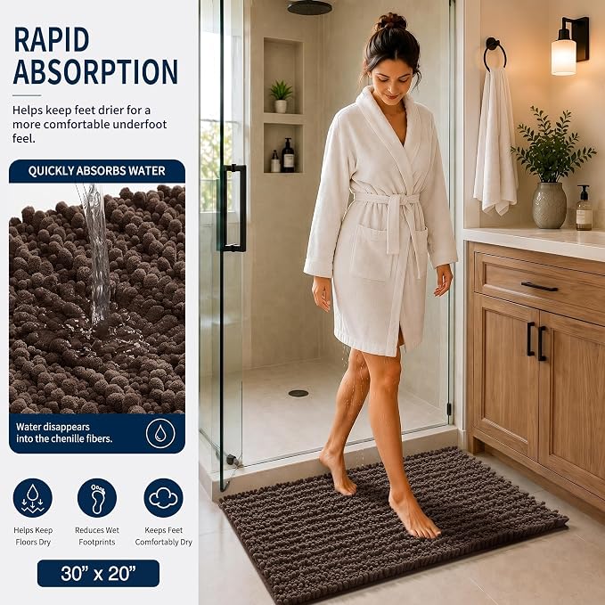 Yimobra Brown Bathroom Rug Set 3 Piece, Super Water Absorbent Bath Mat Set | Quick Dry Soft Chenille Bath Rugs & Toilet Rug, Non Slip Machine Washable, Extra Thick Shaggy Floor Mat for Shower Tub Sink