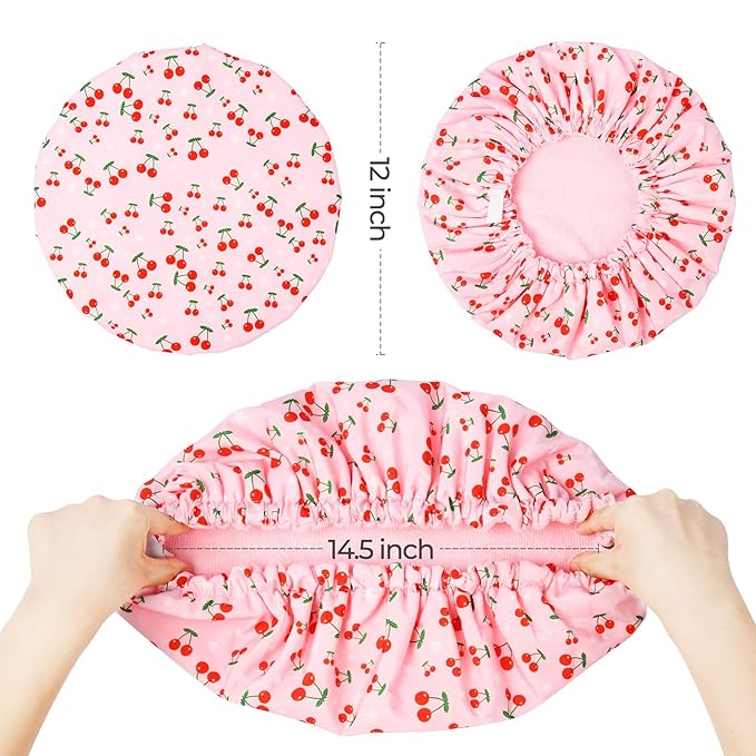 Shower Cap for Women Terry Lined Bath Cap Large Reusable Waterproof Elastic Band Pink Shower Caps for Long Thick Hair Soft Bath Shower Hair Caps
