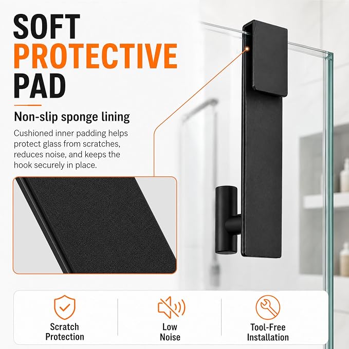 Shower Door Hooks, Over The Glass Shower Towel Hook, Black, 2 Pack | Stainless Steel, Heavy Duty, Easy Installtion, Slim Design, Soft Padding, Towel Hooks For Glass Shower Door