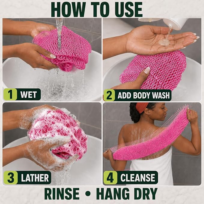 Authentic African Net Sponge, 2 Pack 45-Inch Exfoliating Bath Sponge and Shower Loofah for Body and Back, Colorfast Quick-Dry Knotted Mesh Scrubber with Travel Pouch (Dark Pink & Light Pink)