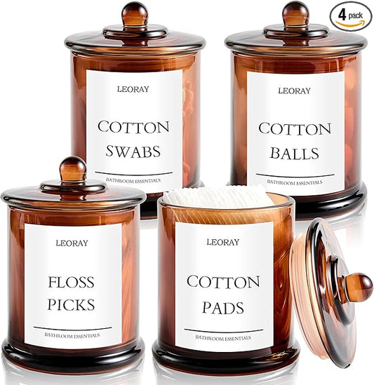 LEORAY 4 Pack Glass Qtip Holder Dispenser with Lids, Airtight Waterproof, 16 Oz Vanity Organizer Bathroom Canisters for Cotton Swabs, Balls, Pads, Floss Picks, Restroom Kitchen Storage Jars, Amber