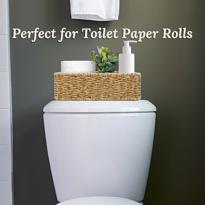 WeeNest Baskets for Organizing, Small Wicker, Storage Bins for Bathroom and Toilet Paper Rolls, Hand Woven Tank Topper with Handle, Set of 2, Oat Milk