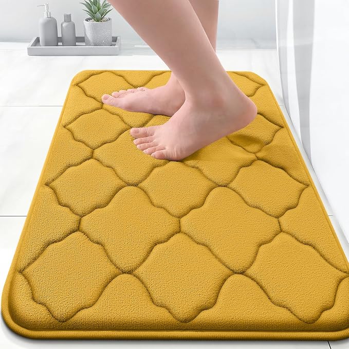 OLANLY Memory Foam Bath Mat Rug 24x16, Ultra Soft Bathroom Rugs, Yellow | Thick Absorbent Carpet, Non-Slip Backing, Machine Washable, for Bathroom Floor, Tub, Shower and Home Decor Accessories