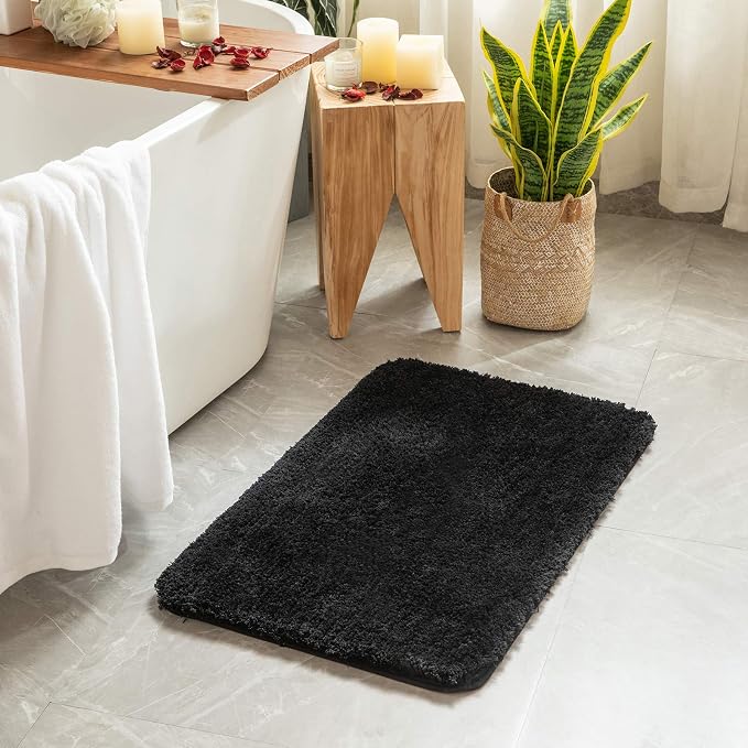 MIULEE Black Bathroom Rugs Set 2 Piece Small Soft Bath Mats 16x24 Inch | Soft Absorbent Microfiber Bath Rugs, Non Slip, Quick Dry, Fluffy Bath Rugs for Bathroom Floor Tub Showers, Machine Washable