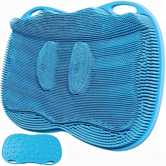 XL Silicone Shower Foot Scrubber Mat with Suction Cups, Foot Washer for Shower, Foot and Back Scrubber for Smooth Shower Wall or Floor, Blue, 17.3 x 12.9 in