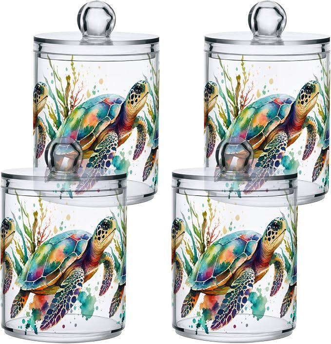 2 Pack Qtip Holder Dispenser for Cotton Ball, Swab, Round Pads - Turtle Watercolor Clear Plastic Acrylic Jar Set Bathroom Canister