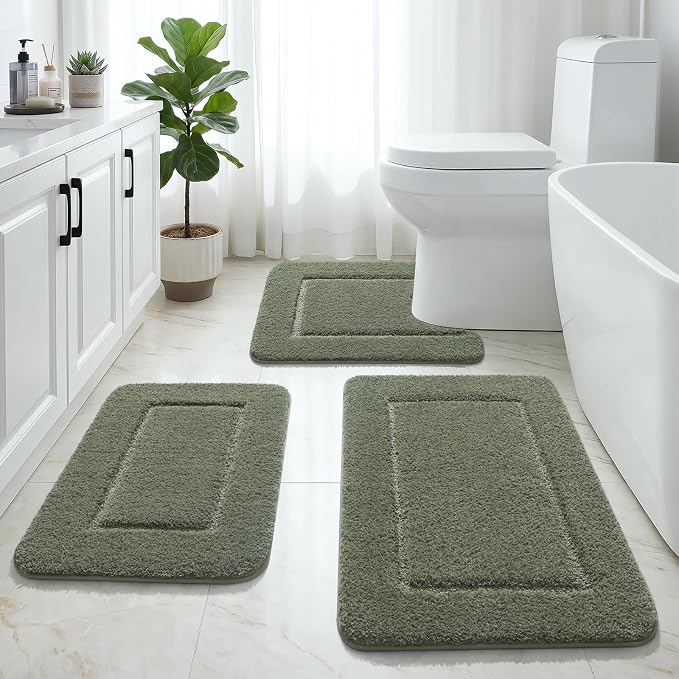 LOCHAS Bathroom Rug Set, Bath Rugs Sets 3 Piece Non Slip, Sage Green | Washable Absorbent Microfiber Bath Mat Set, Soft Cozy Bathroom Mat for Shower Sink Toilet