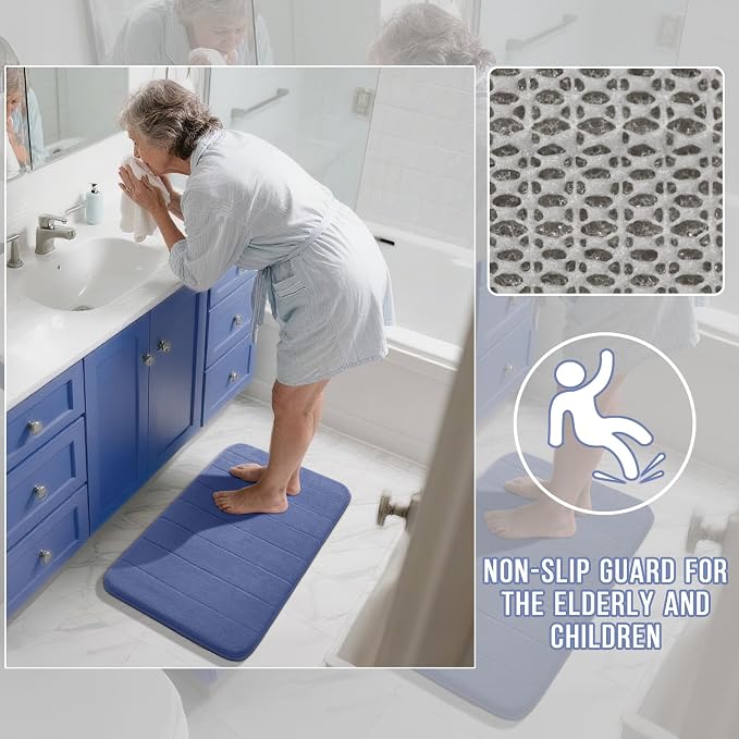 Yimobra Large Bath Mat Set 2 Piece- Super Soft Absorbent Quick Dry Memory Foam Bathroom Rugs, Machine Washable Non Slip Floor Carpet for Tub Shower & Double Vanity (17x24 & 44x24, Navy Blue)