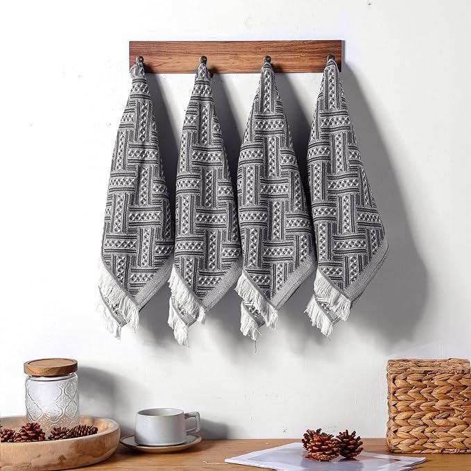 HunnmingRe 4 Pack Boho Hand Towel for Bathroom Kitchen 14x30 Inch 100% Turkish Cotton Summer Boho Decorative Towel Waffle Farmhouse Bathroom Decor Absorbent Soft Guest Gift(Gray,White)