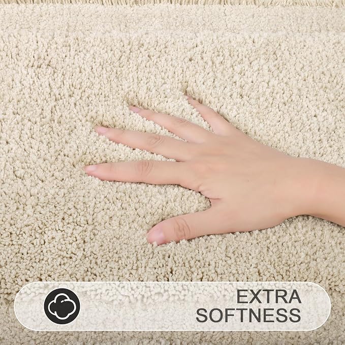 SHACOS Microfiber Bathroom Rugs Set of 3 with Toilet Lid Cover Non Slip | Washable Bath Mat Absorbent Bathroom Carpet 16"x24"+U Shape Toilet Rug 20"x24"+Toilet Lid Cover 19"x21", Light Beige