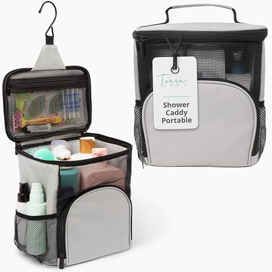 TERRA HOME Original Portable Shower Caddy For College Dorms - Foldable Mesh Tote - Dorm Room Essentials - Durable Hanging Travel Shower Bag - Perfect for College Students, Men, Women (Grey)