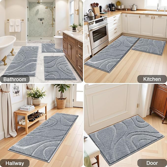 HEBE Bathroom Rugs Sets 2 Piece, Non Slip Washable Absorbent Bath Mat Set | Super Soft Plush Microfiber Bathroom Mats with Runner Set, Solid Bathmat for Floor, Bath Rug for Tub, Shower, Vanity