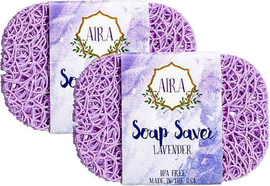 Aira Soap Saver & Holder - BPA Free Shower & Bath Holder - Extends Soap Life, Drains Water & Circulates Air - Easy to Clean, Fits All Soap Dish Sets - Lavender 2 Pack
