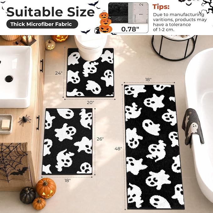 Findosom Halloween Bathroom Rugs Sets 3 Piece, Absorbent Soft Bath Rug Set | Washable Non-Slip Microfiber Shaggy Ghost Bath Mat Set with Bathroom Runner Rug, U-Shaped Toilet Rugs, Shower Rug, Black