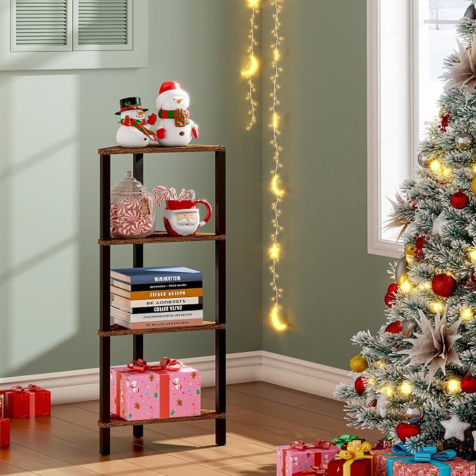 TUTOTAK Corner Shelf, 4-Tier Corner Bookshelf for Small Space, Narrow Display Corner Shelf Stand with Storage Rack, for Living Room, Bedroom, Rustic Brown BS05BB004