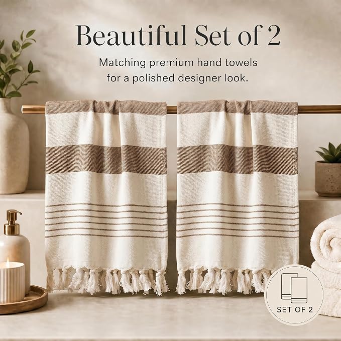 KIBAGA Decorative Hand Towels for Your Bathroom Or Kitchen - Luxurious Set of 2 Soft Boho Cotton Towels are Absorbent, Lightweight & Dry Quickly - Perfect to Elevate Any Bath Decoration at Home