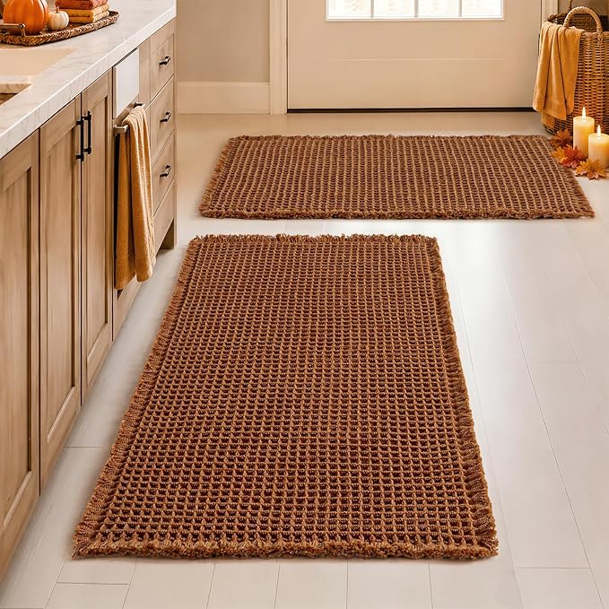 MIULEE Fall Terracotta Set of 2 Waffle Bathroom Rugs Bath Mat 18x30 Inch | Non Slip, Super Absorbent, Washable, Ultra Soft, Rubber Backed Bath Rugs for Bathroom Floor Tub Shower, Boho Decor