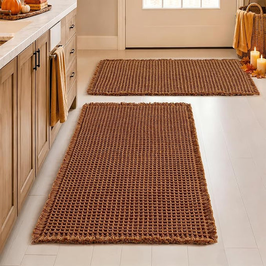 MIULEE Fall Terracotta Set of 2 Waffle Bathroom Rugs Bath Mat 18x30 Inch | Non Slip, Super Absorbent, Washable, Ultra Soft, Rubber Backed Bath Rugs for Bathroom Floor Tub Shower, Boho Decor