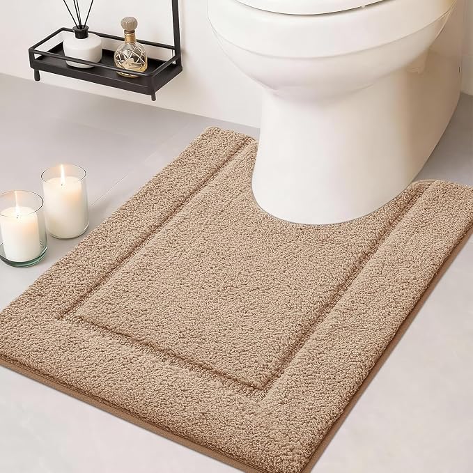 IM HOME Toilet Rugs, Ultra Soft Thick Plush Fluffy Microfiber Absorbent Contour Bathroom Rugs for Toilet, Non-Slip Backing, Machine Washable Bath Mats for Bathroom Floor, Tub and Shower, Brown