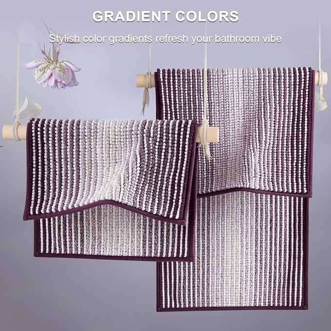 BSICPRO Bathroom Rugs Sets 2 Piece, Non Slip Striped Bath Mats, Mauve Wine | 20"x32" Plus 16"x24", Soft Absorbent Chenille, Quick Dry Machine Washable, Shower Rug for Bathroom Floor, Tub, Bedroom Decor