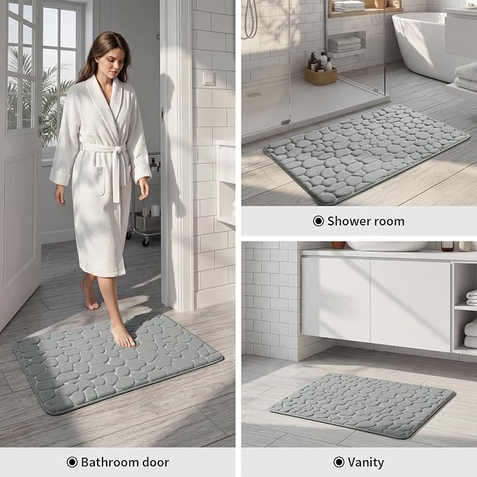 YIHOUSE Memory Foam Bath Mat Cobblestone Bathroom Rugs Super Water Absorbent Bath Mats for Bathroom Machine Washable Bath Rugs(17x24,Light Gray)