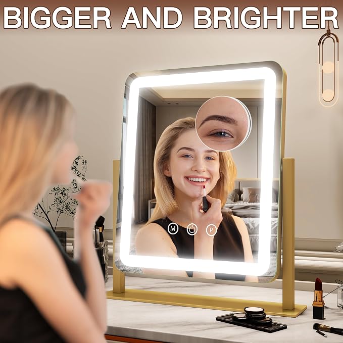 FENNIO Vanity Mirror with Lights - 15"x12.6" LED Lighted Makeup Mirror, Large Makeup Mirror with Lights, Touch Screen with 3-Color Lighting, Dimmable, for Vanity Desk Tabletop, Bedroom Gold