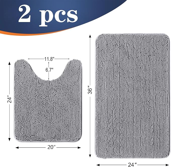 OLANLY Chenille Bathroom Rugs Mats Sets 2 Piece, 36"x24"+24"x20", Grey | Soft Absorbent Bath Mat and U-Shaped Contour Toilet Rug Set, Quick Dry, Machine Washable Bath Carpet, Home Decor Accessories