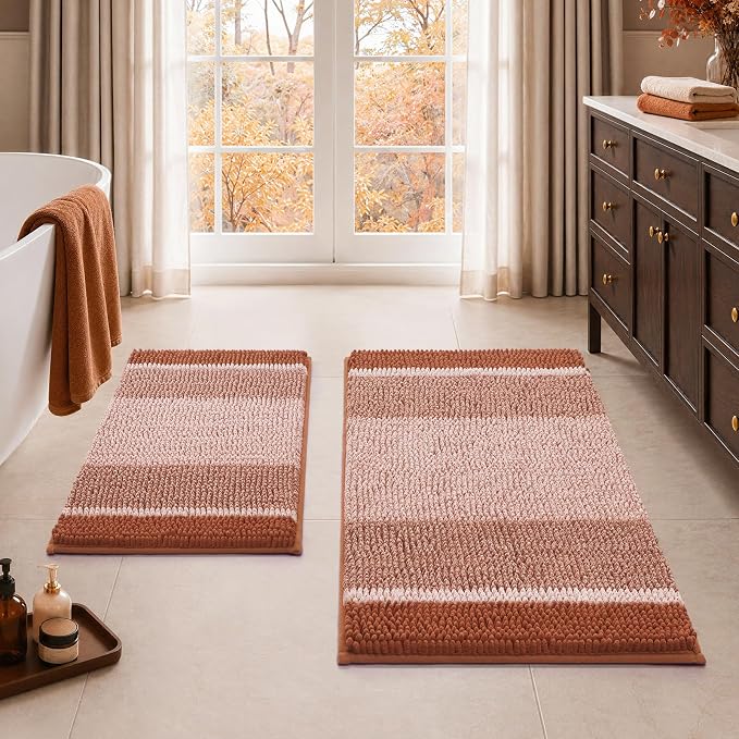HOMEIDEAS Burnt Orange Bathroom Rugs Set, Chenille, 20"x32"+17"x24" | Non Slip Absorbent Bath Mats, Fluffy Striped Chenille Soft Shaggy Bath Rugs for Bathroom Floor and Tub, Machine Washable