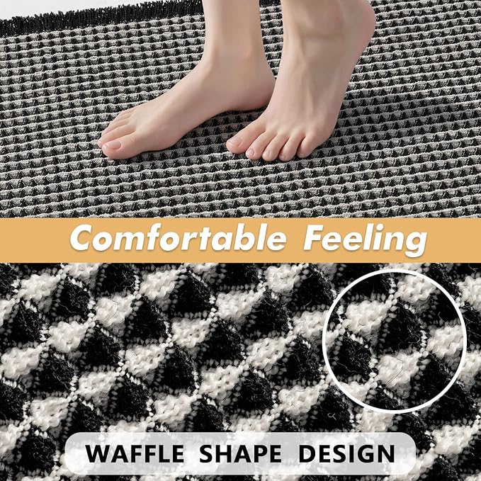 MIULEE Set of 2 Waffle Bathroom Rugs Boho Bath Mat Black&Cream 18x30 Inch | Non Slip, Super Absorbent, Washable, Ultra Soft, Rubber Backed Bath Rugs for Bathroom Floor Tub Shower