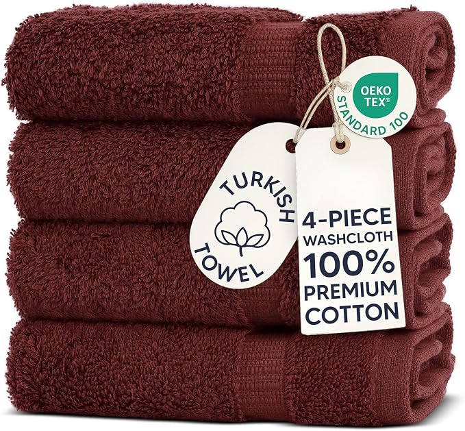 Chakir Turkish Linens 100% Cotton 4-Pack Washcloths 13x13, Cranberry | 100% cotton washcloths, 4-pack 13x13, OEKO-TEX certified, soft absorbent face towels