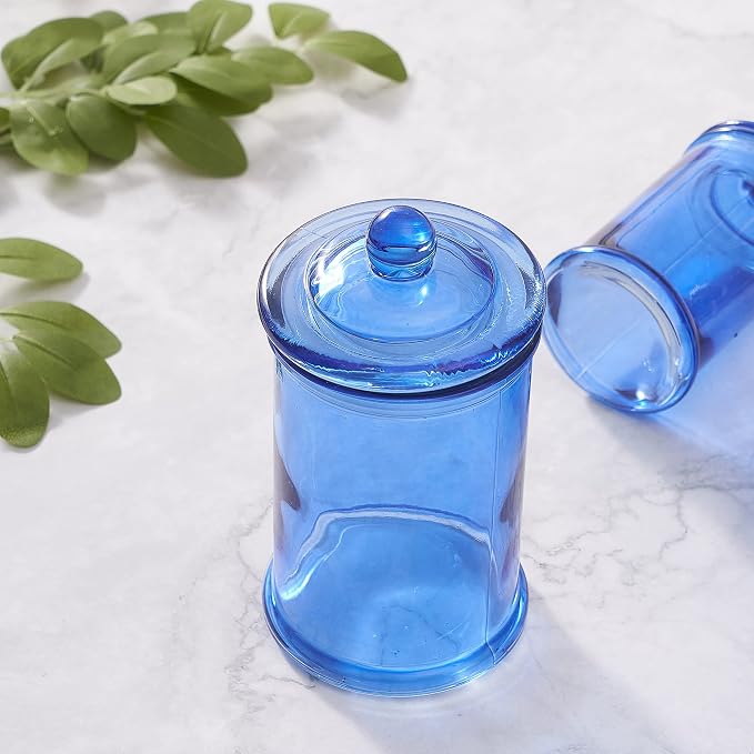 3PCs Set Small Glass Premium Quality Apothecary Jars with lids Bathroom Accessories Set for Laundry Room Storage Kitchen/Vanity Organizer Canisters for Cotton Balls, Sponges,Q-Tips(Blue jar)