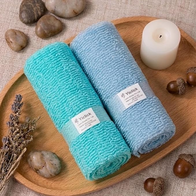 2PCS Exfoliating Washcloth Towel - Exfoliating Body Scrubber Exfoliator, Loofah Sponge Wash Cloth, Korean & Japanse & African Net Sponge Rag - Back Scrubber Washer (Lake Blue+Blue)