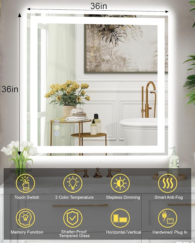 36x36 LED Bathroom Mirror, 6000LM, Separate Front and Back Lights | Shatter-Resistant Tempered Glass,Auto-Off Defogger,3 Color Modes,Smooth Dimming,Smart Memory Setting