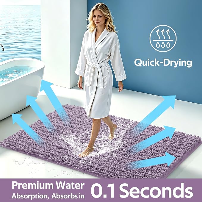 ACCUMTEK Upgrade Extra Large Lavender Bathroom Rug Set 3 Pieces Ultra Soft, Thick Absorbent Bath Mats, Non Slip Chenille Toilet Mat for Bathroom, Bedroom, Kitchen