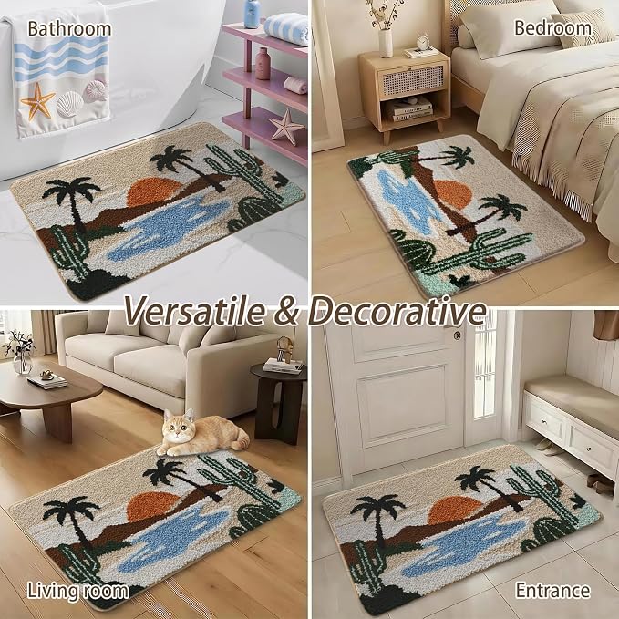 Bathroom Rug Mat, Desert Oasis Sunset Fluffy Rug with Cactus & Palm Tree, Ultra Absorbent Microfiber Shaggy Door Mat, Quick Dry Bath Rug Carpet for Toilet Bathtub Bedroom 20x31 Inch (Brown)