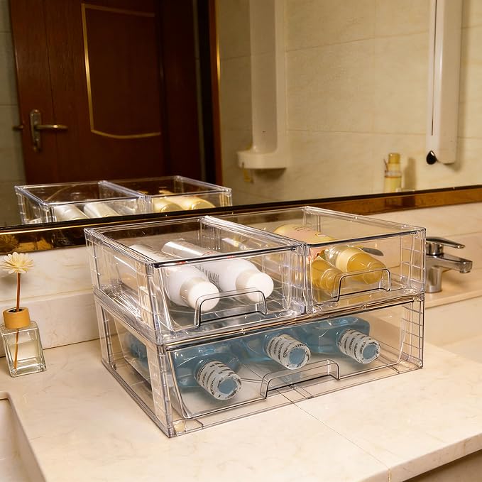 Stackable Storage Drawers(5 Pack),High-strength Clear Plastic Multi-purpose Organizer Bins with Handles, Easily Assemble Acrylic Drawers for Bathroom Closet Cabinet Pantry Under Sink