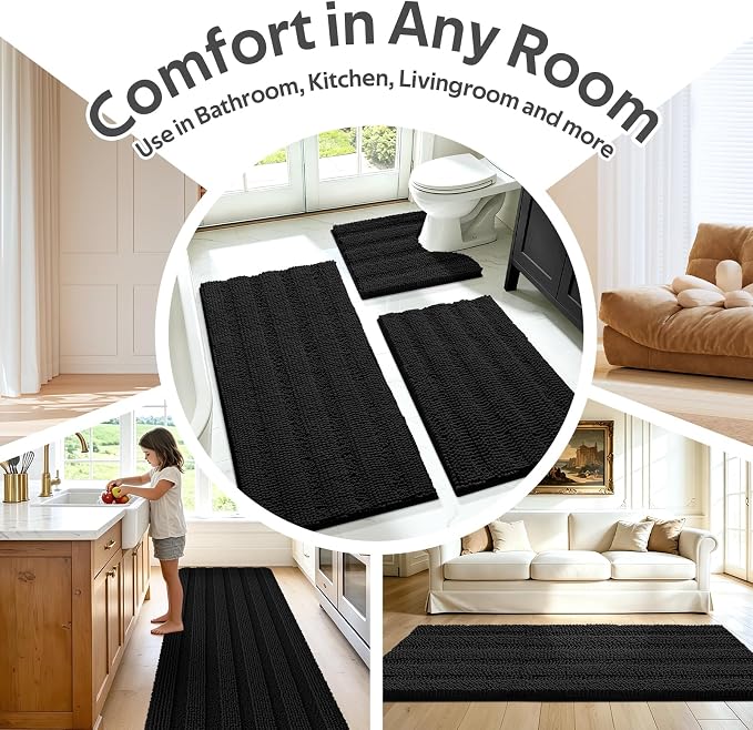 ACCUMTEK Striped Black Bathroom Rug Mat Set 2 piece 32"x20"+60"x20" Ultra Soft, Non Slip Chenille Bath Rugs, Absorbent Plush Shaggy Bath Mats for Bathroom, Bedroom, Kitchen, Shower, Tub