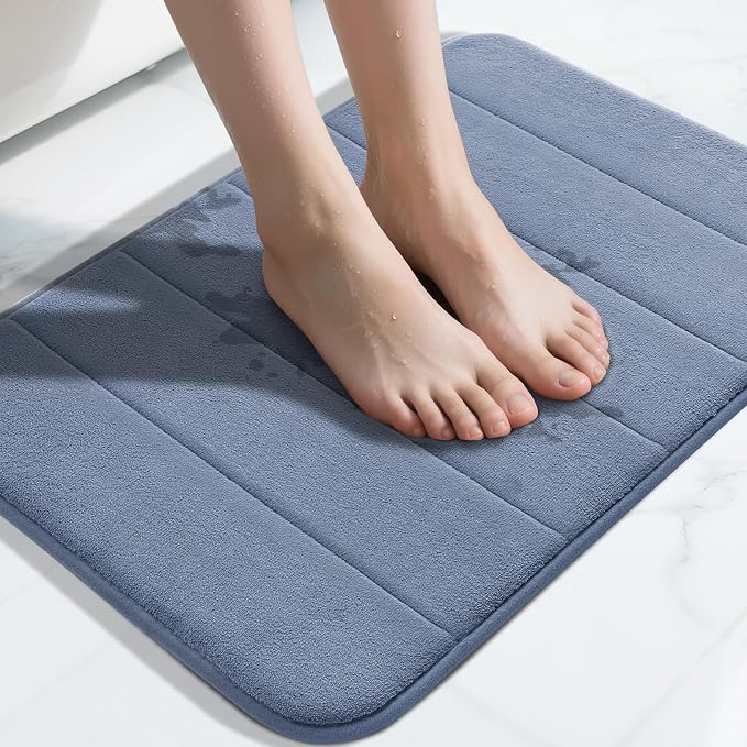 Yimobra Memory Foam Bath Mat, Super Soft Absorbent Bathroom Rug Non Slip 31.5x20 Inch, Quick Dry, Machine Washable Floor Carpet for Tub Shower, Home Decor Accessories, Denim Blue