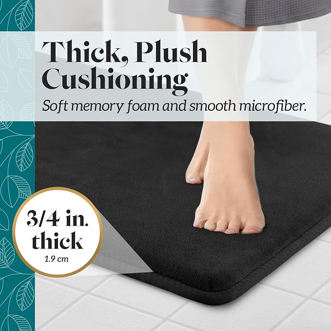 Memory Foam Bath Mat Non Slip Absorbent Super Cozy Velvet Bathroom Rug Carpet (20 inches X 32 inches, Black)