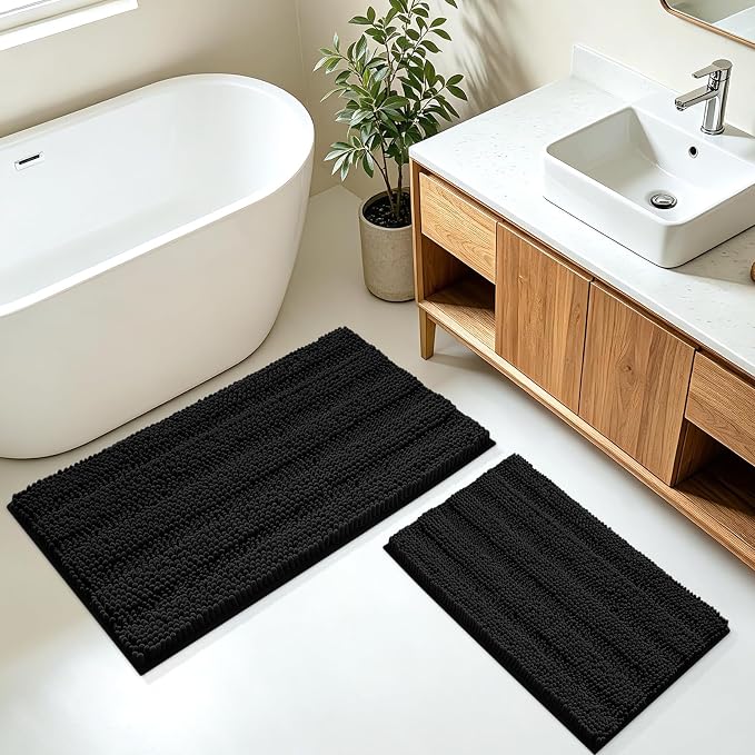 ACCUMTEK Striped Black Bathroom Rug Mat Set 2 piece 32"x20"+24"x17" Ultra Soft, Non Slip Chenille Bath Rugs, Absorbent Plush Shaggy Bath Mats for Bathroom, Bedroom, Kitchen, Shower, Tub