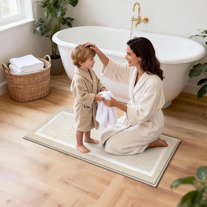 Pauwer Bathroom Rugs Sets 5 Piece, Microfiber Bath Mats, Light Beige | Non Slip Washable U Shaped Toilet Rug, Long Shower Runner, Toilet Lid Cover, Quick Dry Absorbent Plush Floor Carpet