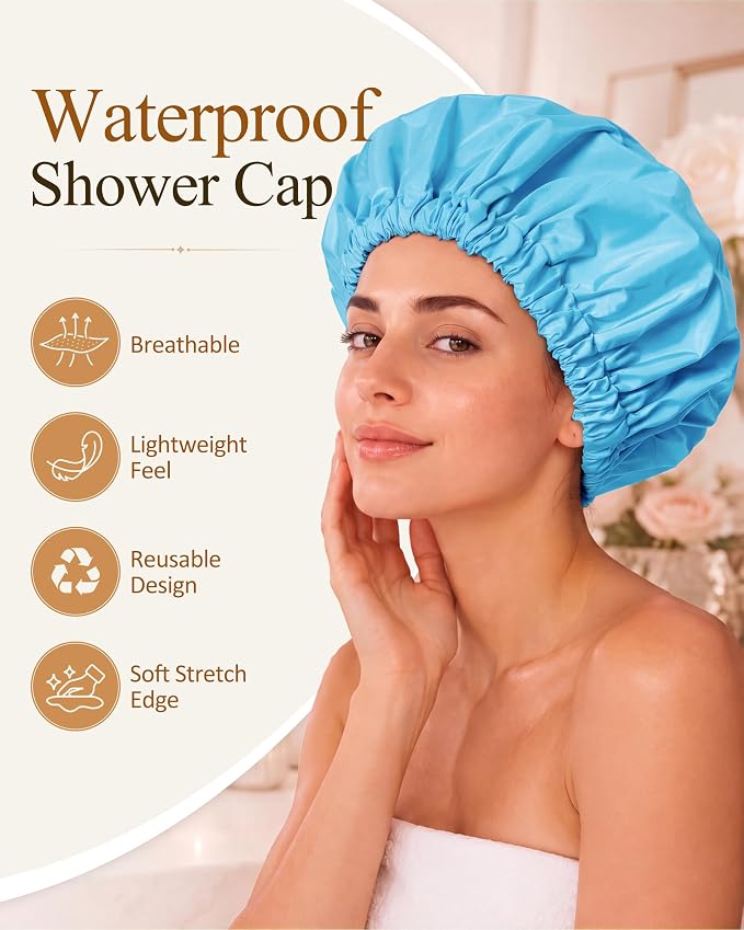 Edoneery Shower Caps for Women Reusable Waterproof, Shower Hair Cap | Washable Bonnet, Wide Elastic Band, Large Fit, Holds Long Hair, Braids Friendly, Bath Accessories, Spa, Travel