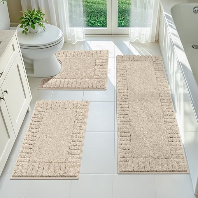 Pauwer Bathroom Rugs Sets 3 Piece, Microfiber Bath Mat Set, Light Beige | Non Slip Washable, Soft Plush, Extra Absorbent Bath Mats, U Shaped Contour Toilet Rug for Bathroom
