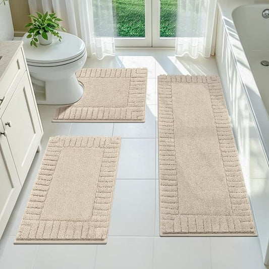 Pauwer Bathroom Rugs Sets 3 Piece, Microfiber Bath Mat Set, Light Beige | Non Slip Washable, Soft Plush, Extra Absorbent Bath Mats, U Shaped Contour Toilet Rug for Bathroom