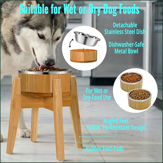 Elevated Dog Bowl for Mid-Large Breed, (12-Inch High, 64-oz) | Raised Food and Water Bowl with Stand, Flip-Resistant - Real Bamboo and Stainless Steel