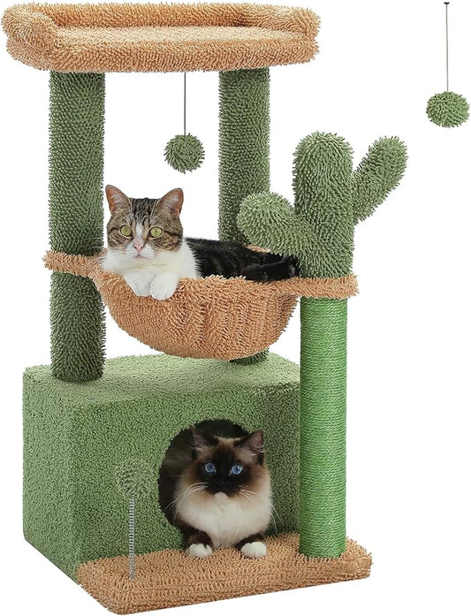 PEQULTI 4-in-1 Cactus Cat Tree for Kittens & Small Cats, 33in Green Tower | Compact 33in cat tower: deep hammock, cozy condo, top perch, sisal post; removable washable cover; wide base for small cats