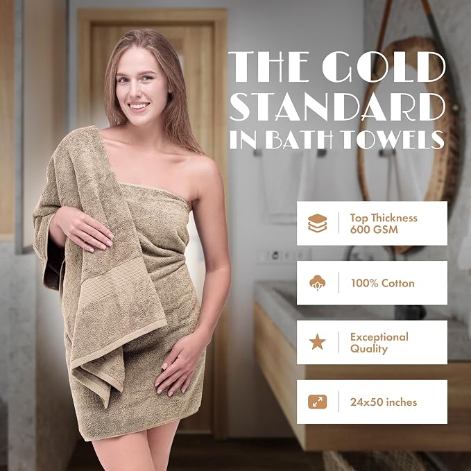 White Classic Wealuxe Taupe Bath Towels 24x50 Inch, Cotton Towel Set for Bathroom, Hotel, Gym, Spa, Soft Extra Absorbent Quick Dry 12 Pack