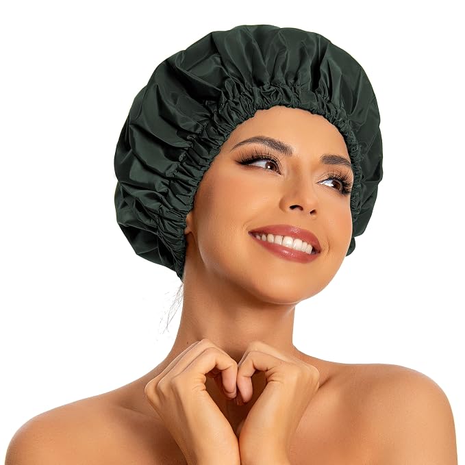 Edoneery Shower Caps for Women Reusable Waterproof, Shower Hair Cap | Washable Bonnet, Wide Elastic Band, Large Fit, Holds Long Hair, Braids Friendly, Bath Accessories, Spa, Travel