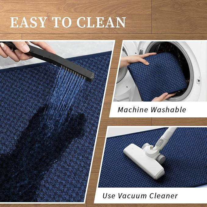 YIHOUSE Bathroom Rugs Sets 2 Piece Non Slip Washable, Absorbent Quick Dry Bath Mat Set, Weave Texture Low Profile Bath Rugs, Floor Mats for Bathroom, Tub & Shower (17"x24" + 17"x47", Dark Blue)