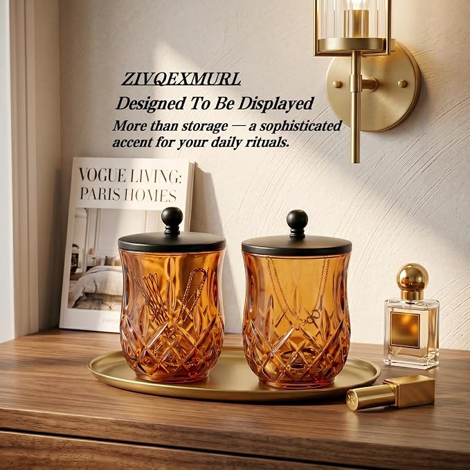2 Pack Glass Qtip Holder Dispenser Set,Round Bathroom Apothecary Jars with Matte Black Lid for Cotton Swabs, Balls, Pads, Floss Picks, Vanity Storage Container for Makeup, Candy, Jewelry(10 Oz, Amber)